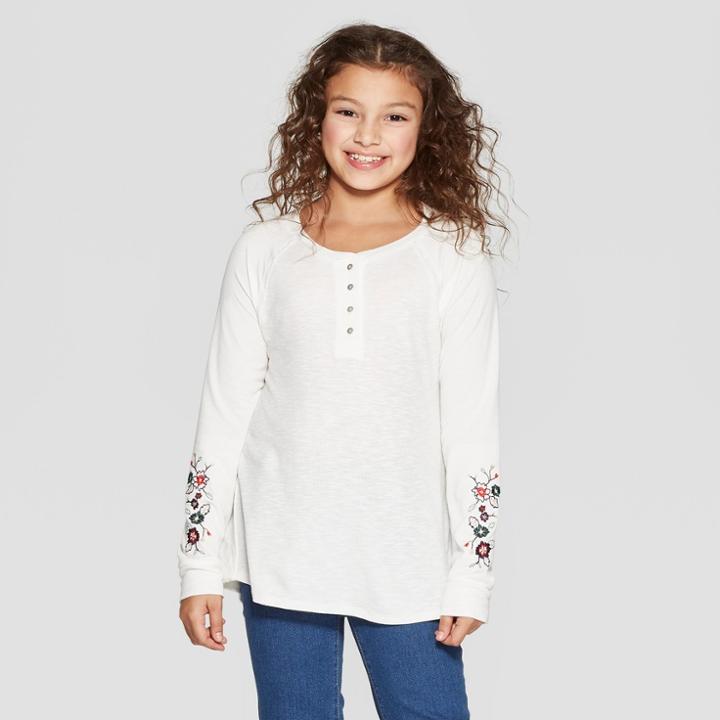 Girls' Long Sleeve Henley Top - Art Class Ivory