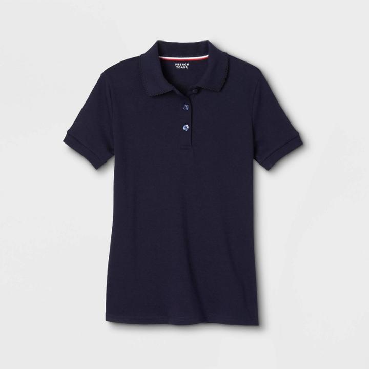 French Toast Girls' Short Sleeve Interlock Polo Shirt With Picot Collar - Navy (blue)