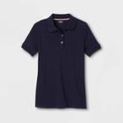 French Toast Girls' Short Sleeve Interlock Polo Shirt With Picot Collar - Navy (blue)