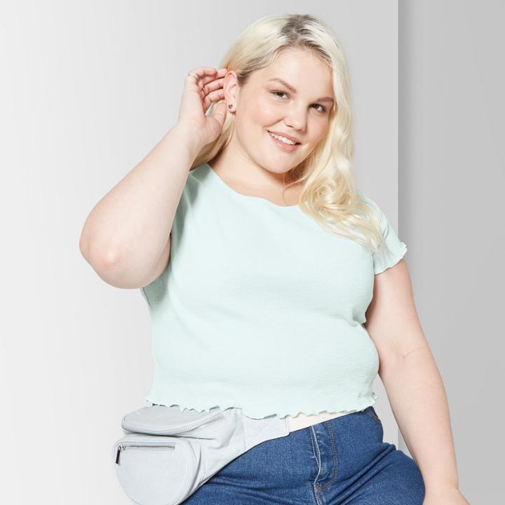 Women's Plus Size Short Sleeve Scoop Neck Lettuce Edge Waffle T-shirt - Wild Fable Misty Waterfall