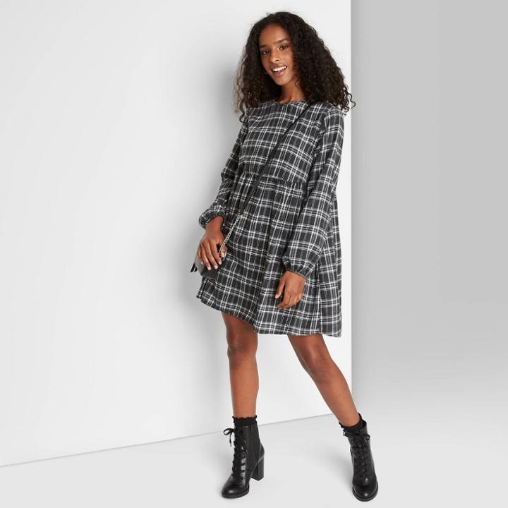 Women's Plaid Long Sleeve Woven Babydoll Dress - Wild Fable Gray