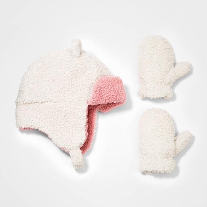 Toddler Girls' 2pk Ear Fleece Trapper With Mittens - Cat & Jack Cream