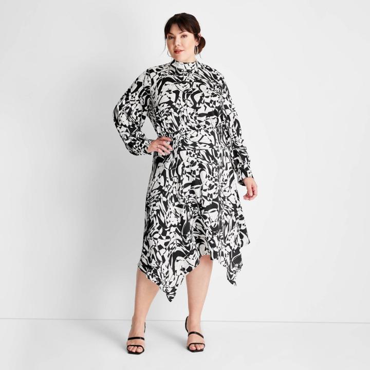 Women's Plus Size Long Sleeve Mock Neck Asymmetrical A-line Dress - Future Collective With Kahlana Barfield Brown Black/white