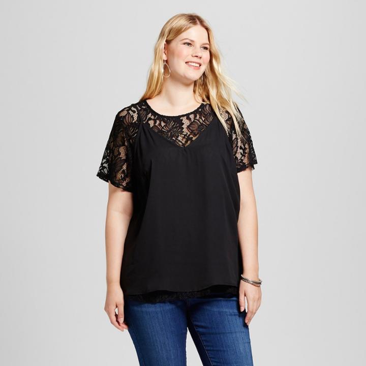 Women's Plus Size Lace Cami Twofer Top - Ava & Viv Black