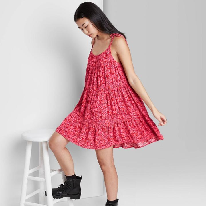 Women's Woven Sleeveless Tiered Swing Dress - Wild Fable Pink Floral