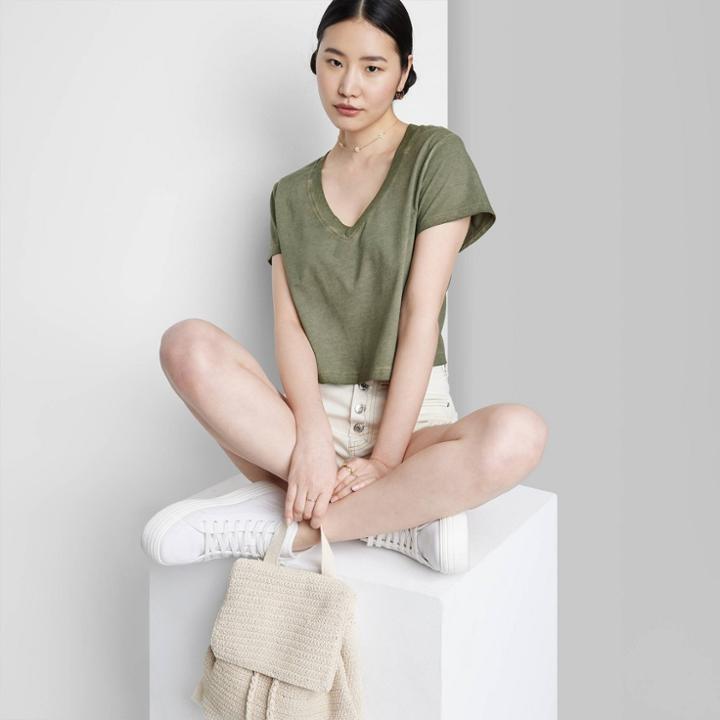 Women's Short Sleeve V-neck Shrunken Boxy T-shirt - Wild Fable Olive Green