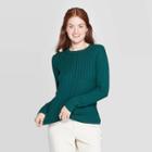 Women's Long Sleeve Ribbed Cuff Crewneck Pullover Sweater - A New Day Dark Green