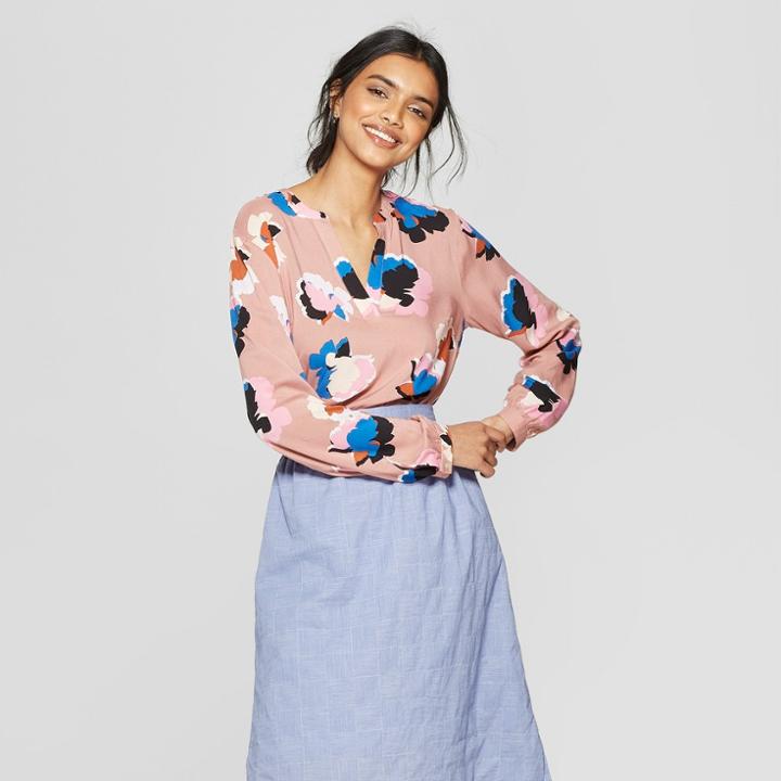 Women's Floral Print Long Sleeve Blouse - A New Day Dark Pink