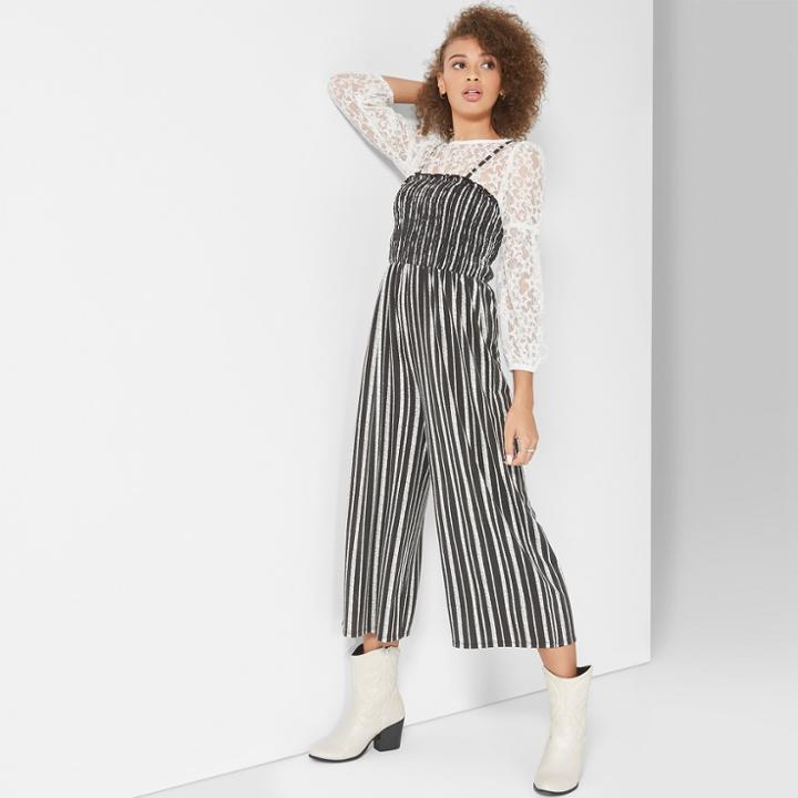 Women's Striped Strappy Knit Smocked Top Jumpsuit - Wild Fable Black/white