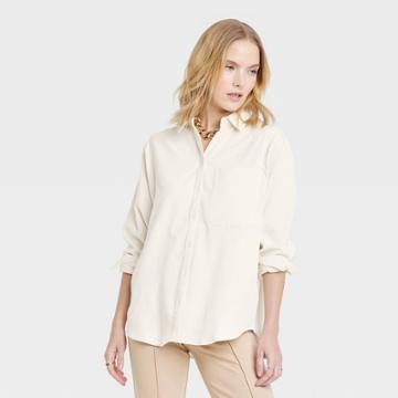 Women's Long Sleeve Corduroy Button-down Boyfriend Shirt - A New Day Cream