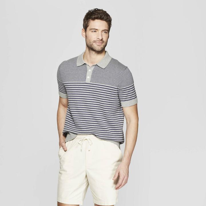Men's Striped Standard Fit Short Sleeve Sweater Polo Shirt - Goodfellow & Co Gray