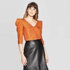 Petitewomen's Leopard Print Elbow Short Sleeve V-neck Regular Fit Blouse - A New Day Orange L, Women's,