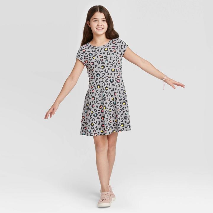 Petitegirls' Short Sleeve Animal Print Dress - Cat & Jack Charcoal M, Girl's, Size: