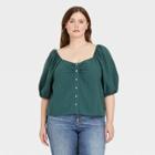 Women's Plus Size Puff Short Sleeve Button-front Blouse - Universal Thread Teal Green