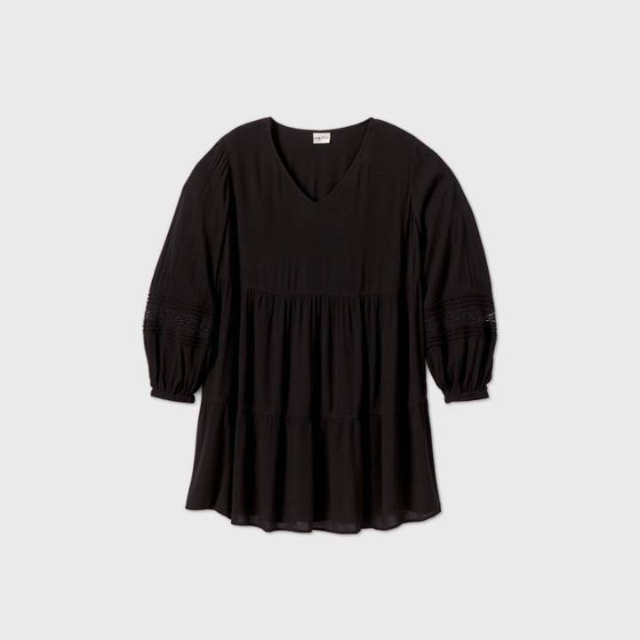 Women's Plus Size Long Sleeve Tiered Dress - Ava & Viv Black X