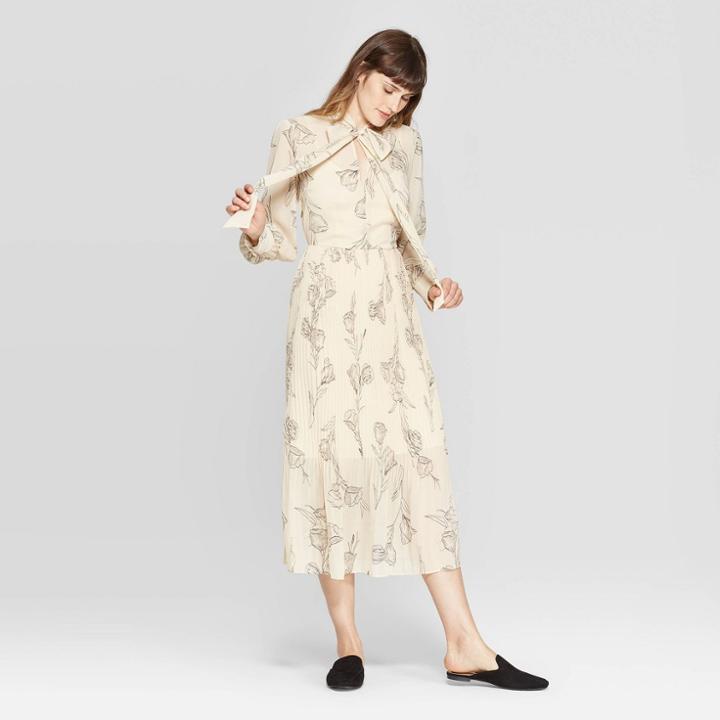 Women's Floral Print Long Sleeve High Neck Pleated Midi Dress - A New Day Cream M, Women's, Size: