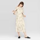 Women's Floral Print Long Sleeve High Neck Pleated Midi Dress - A New Day Cream M, Women's, Size: