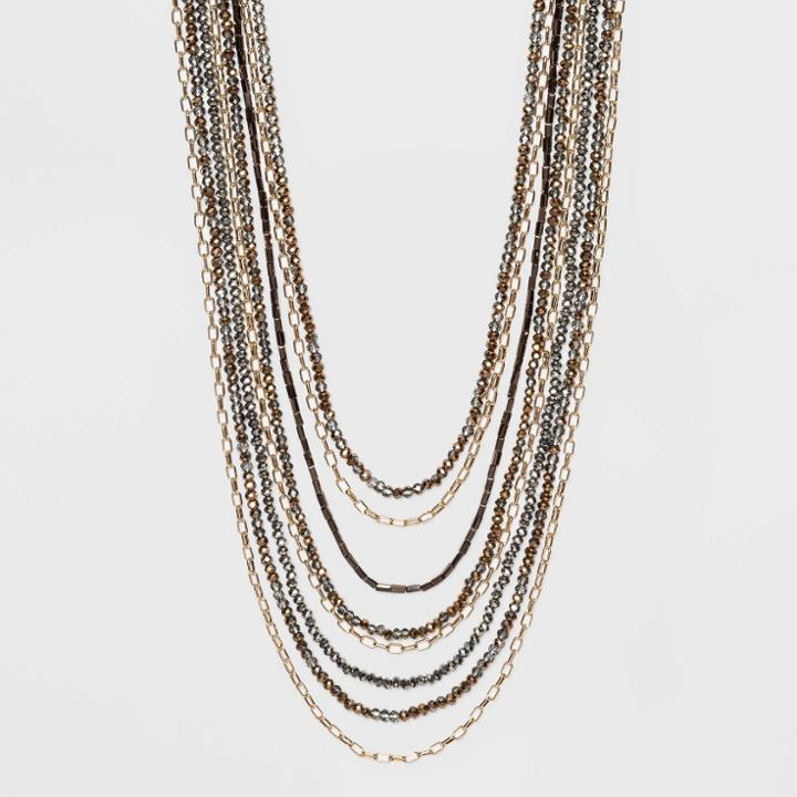 8 Row Glass Metal Chain, Beaded And Multi-strand Necklace - A New Day Brown, Brown/grey