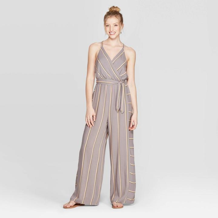 Women's Striped V-neck Strappy Wrap Jumpsuit - Xhilaration Gray