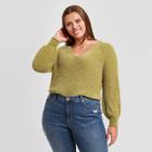 Women's Plus Size V-neck Balloon Sleeve Chenille Pullover Sweater - Ava & Viv Green X