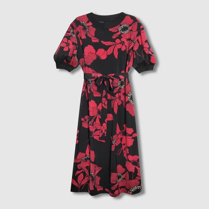 Women's Floral Print Bishop Short Sleeve Rib Trim Dress - Who What Wear Black