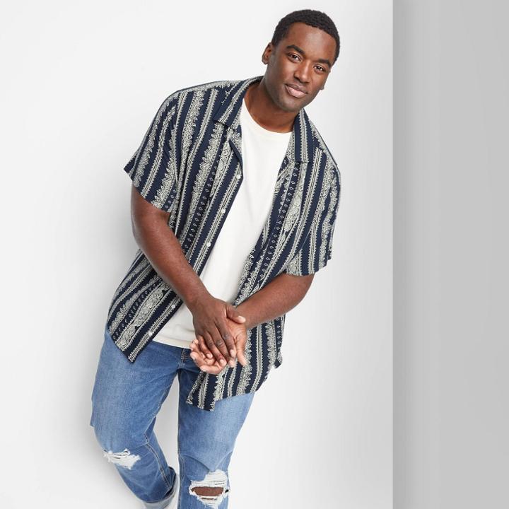 Adult Extended Size Striped Regular Fit Short Sleeve Button-down Shirt - Original Use Navy Blue/stripe