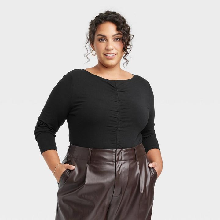 Women's Plus Size Long Sleeve Slim Fit Boat Neck Ruched Front Top - A New Day Black