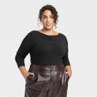 Women's Plus Size Long Sleeve Slim Fit Boat Neck Ruched Front Top - A New Day Black