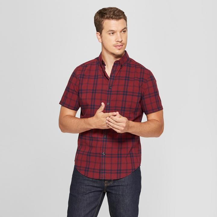 Men's Plaid Standard Fit Short Sleeve Poplin Button-down Shirt - Goodfellow & Co Berry Cobbler