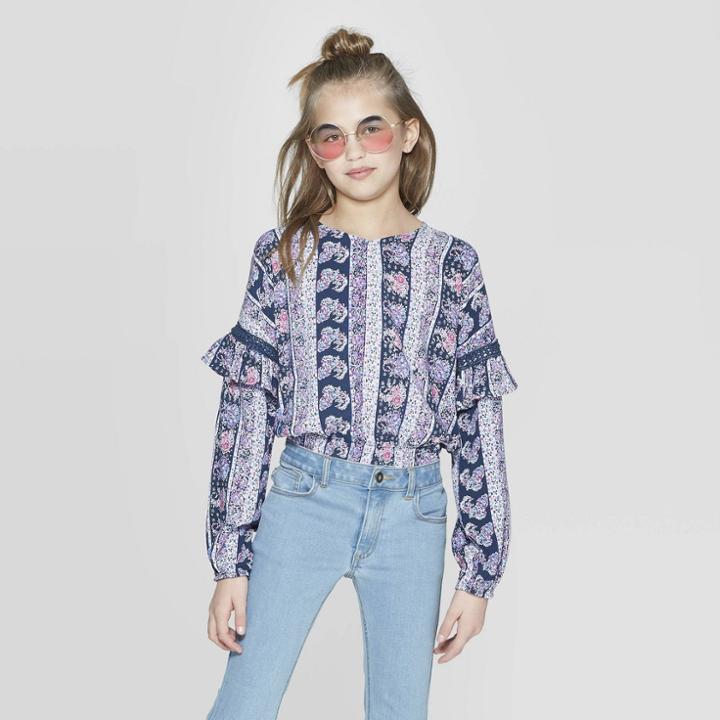 Girls' Floral Long Sleeve Top - Art Class Blue