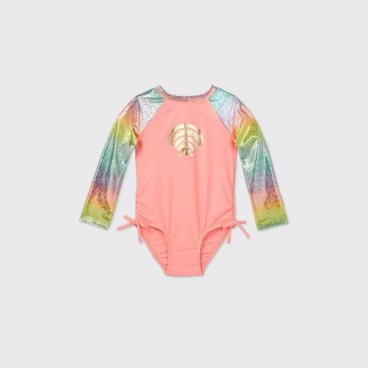 Toddler Girls' Mermaid Scale Long Sleeve One Piece Swimsuit - Cat & Jack Coral