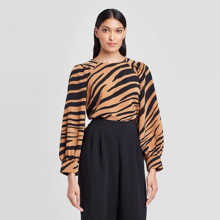Women's Animal Print Balloon Long Sleeve Boat Neck Blouse - Who What Wear Brown