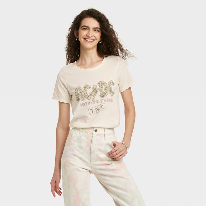 Women's Ac/dc Leopard Print Logo Short Sleeve Graphic T-shirt - Off-white