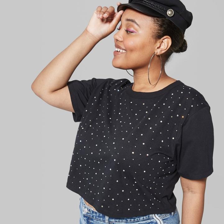 Women's Plus Size Cropped Short Sleeve With Diamante - Wild Fable Black