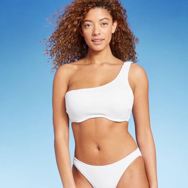 Women's Lightly Lined Pucker Textured One Shoulder Bikini Top - Shade & Shore White