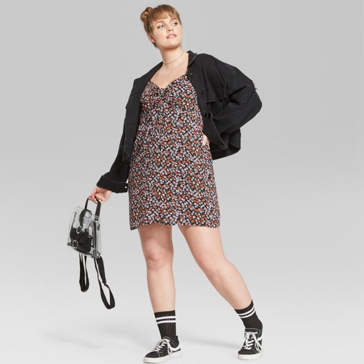 Women's Plus Size Floral Print Tie Front Puff Sleeve Dress - Wild Fable Black