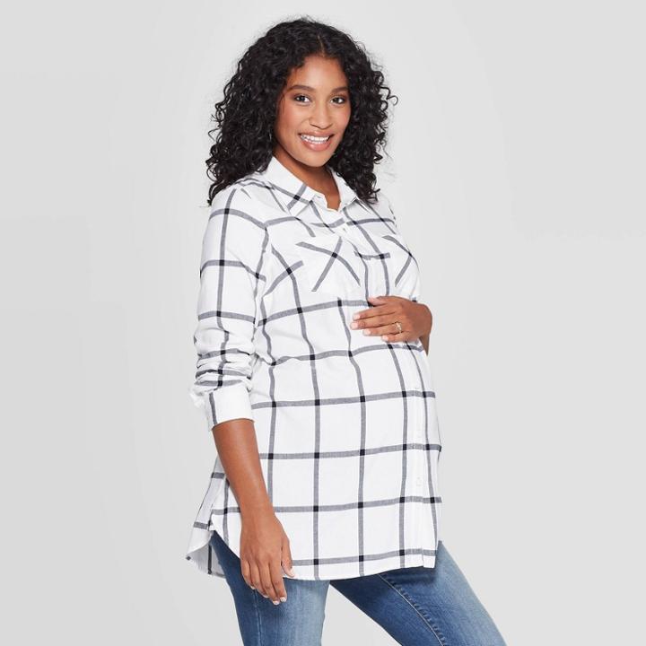Maternity Plaid Elbow Sleeve Flannel Tunic - Isabel Maternity By Ingrid & Isabel Cream Xxl, Women's, Ivory