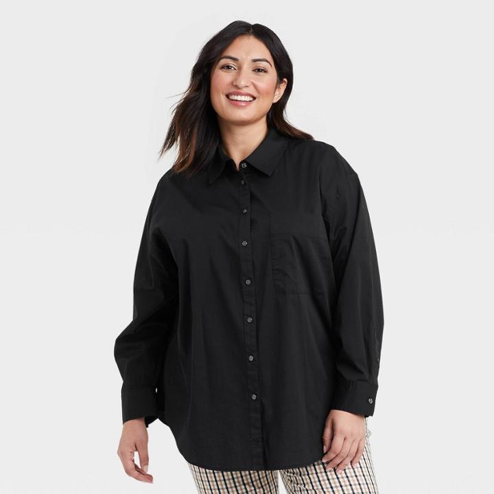Women's Plus Size Long Sleeve Oversized Button-down Boyfriend Shirt - A New Day Black