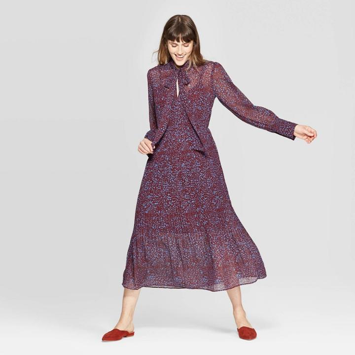 Women's Floral Print Long Sleeve High Neck Pleated Midi Dress - A New Day Light Blue