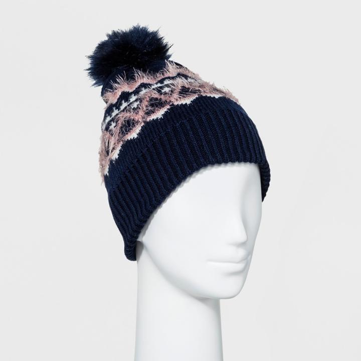 Women's Fair Isle Beanie With Pom - A New Day Navy (blue)