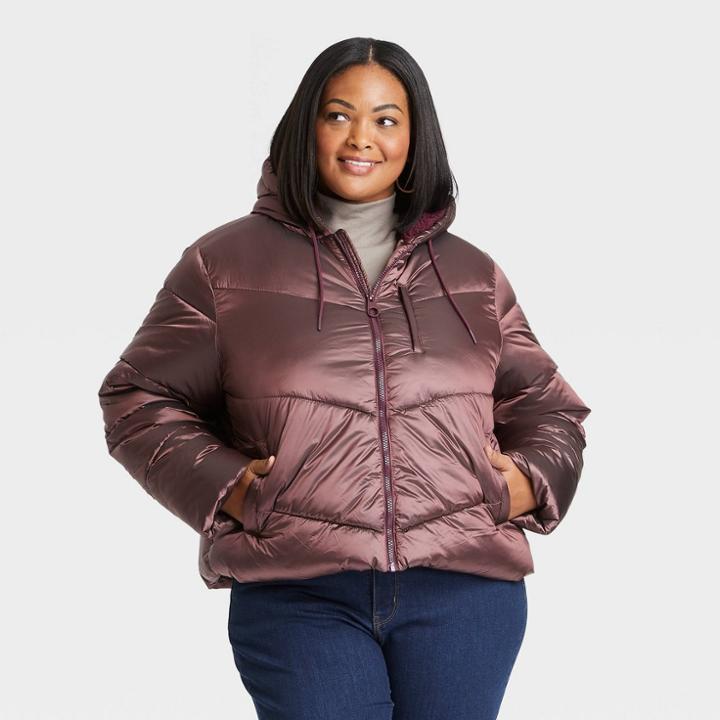 Women's Plus Size Short Puffer Jacket - Ava & Viv Brown X