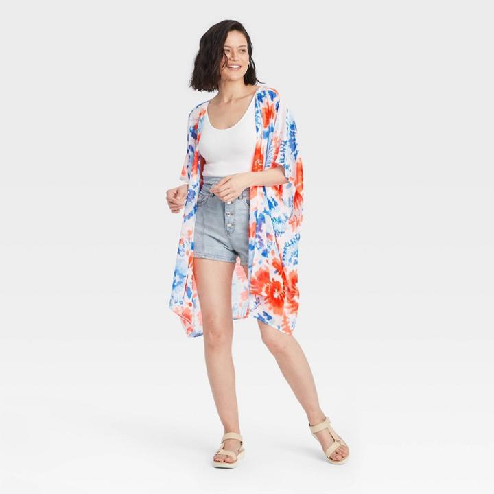 No Brand Women's Tie-dye Ruana Duster - Red/white/blue