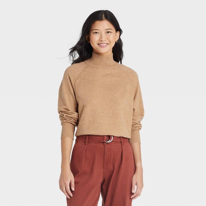 Women's Lightweight Turtleneck Pullover Sweater - A New Day Camel