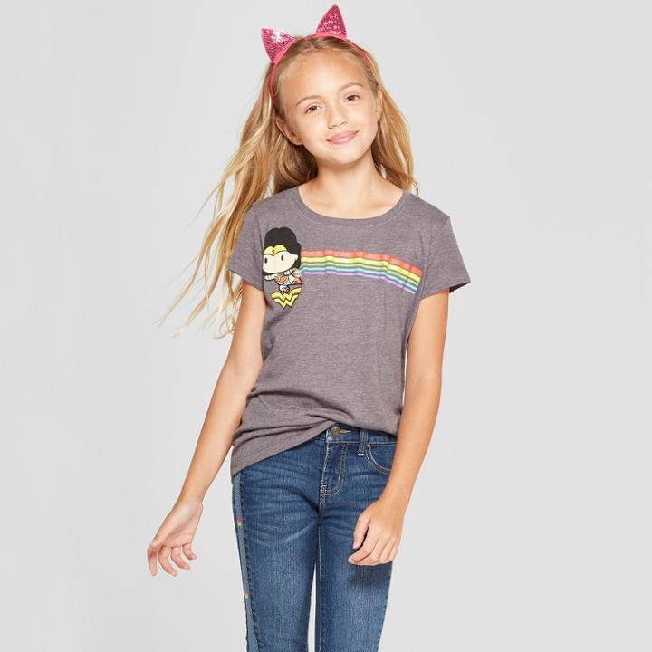 Dc Comics Girls' Wonder Woman Chibi Rainbow Short Sleeve T-shirt - Charcoal Gray