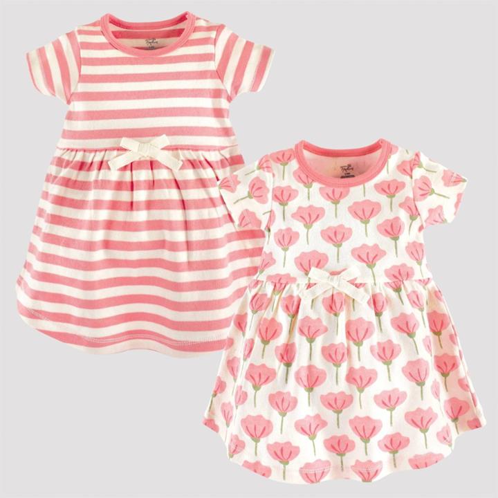 Touched By Nature Toddler Girls' 2pk Stripped & Tulip Floral Organic Cotton Dress - Pink