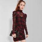 Women's Plaid Long Puff Sleeve Ruched Mesh Dress - Wild Fable Red