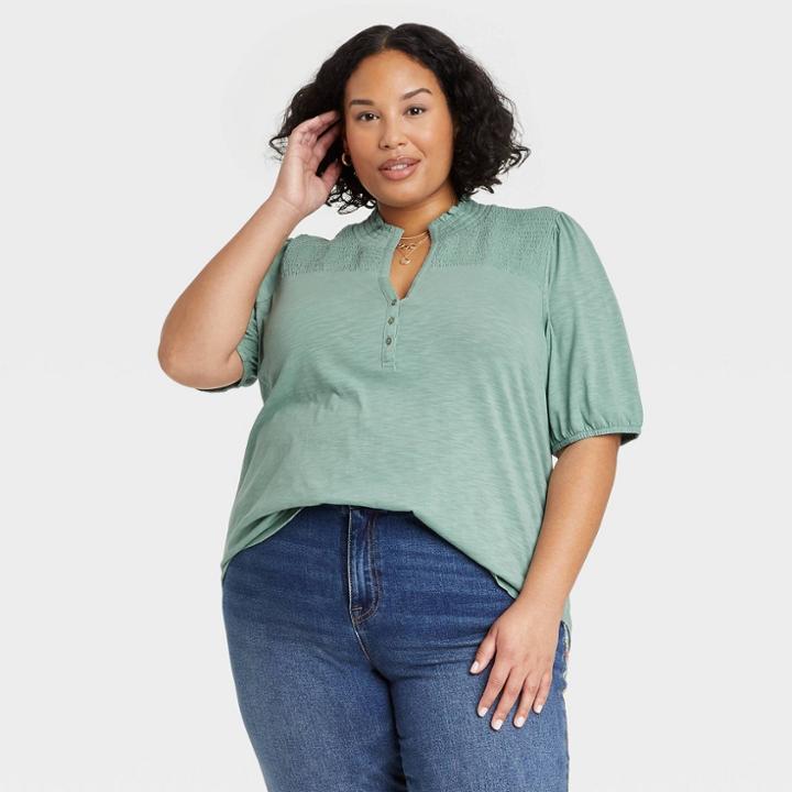 Women's Plus Size Smocked 3/4 Sleeve Henley Shirt - Knox Rose