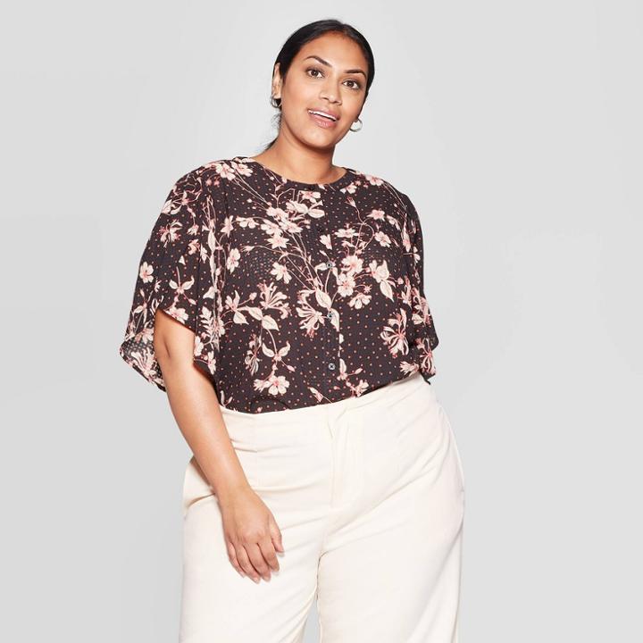 Women's Plus Size Floral Print Petal Short Sleeve Crewneck Blouse - Who What Wear Black 1x, Women's,