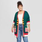 Women's Plus Size Christmas Elf Candy Cane Cardigan Ugly Sweater - 33 Degrees (juniors') Green
