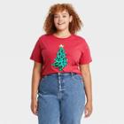 Mighty Fine Women's Plus Size Christmas Tree Leopard Print Logo Short Sleeve Graphic T-shirt - Red